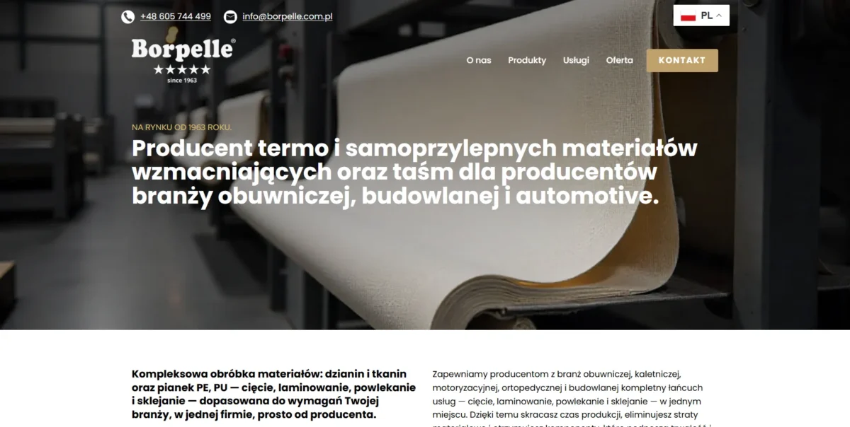 Strona dla firmy produkcyjnej Borpelle – widok strony głównej producenta materiałów wzmacniających i taśm