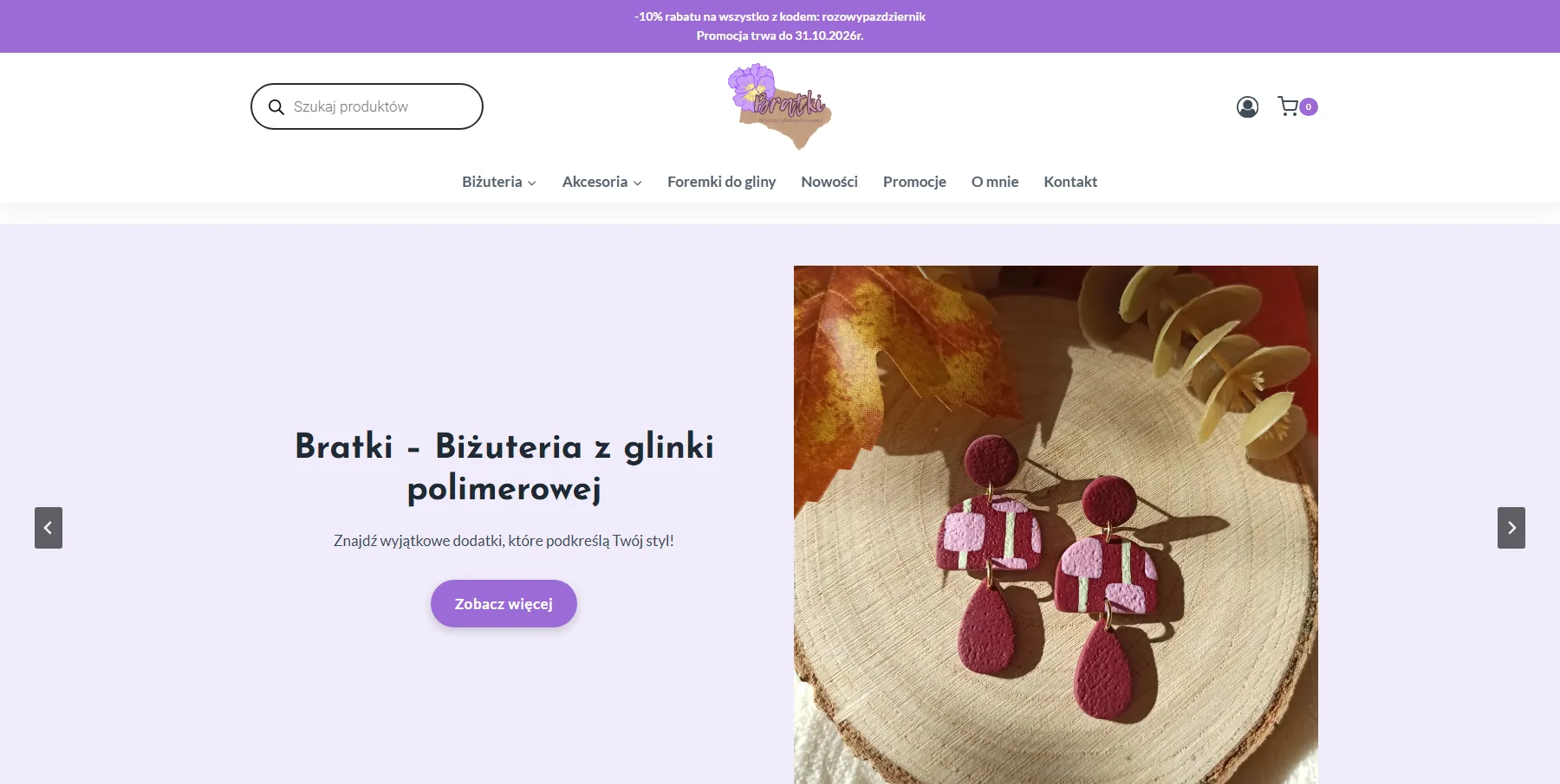 Sklep internetowy z biżuterią Bratki – strona główna z kategoriami biżuterii z glinki polimerowej