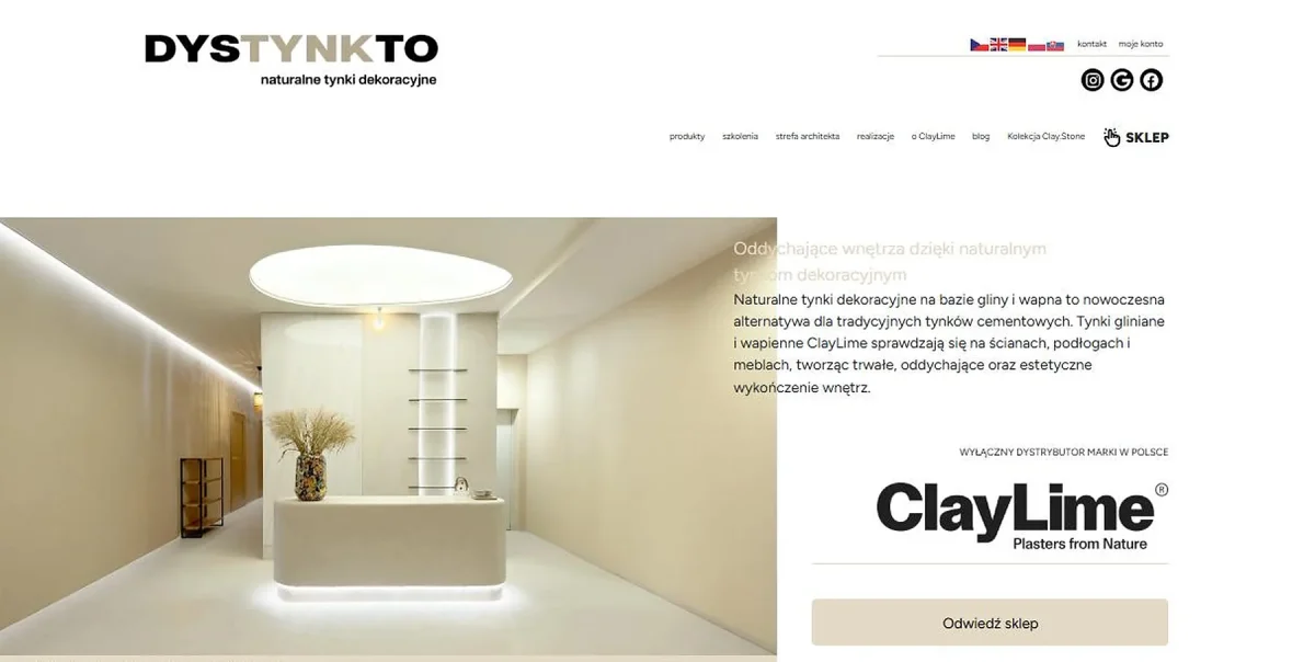 Sklep internetowy z tynkami dekoracyjnymi Dystynkto – strona główna z realizacją i logo ClayLime