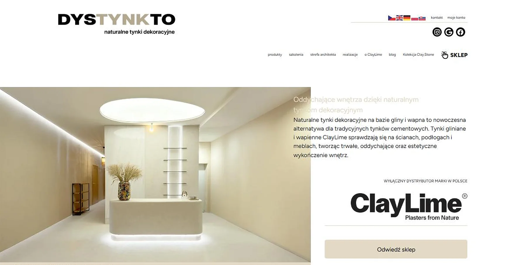 Sklep internetowy z tynkami dekoracyjnymi Dystynkto – strona główna z realizacją i logo ClayLime