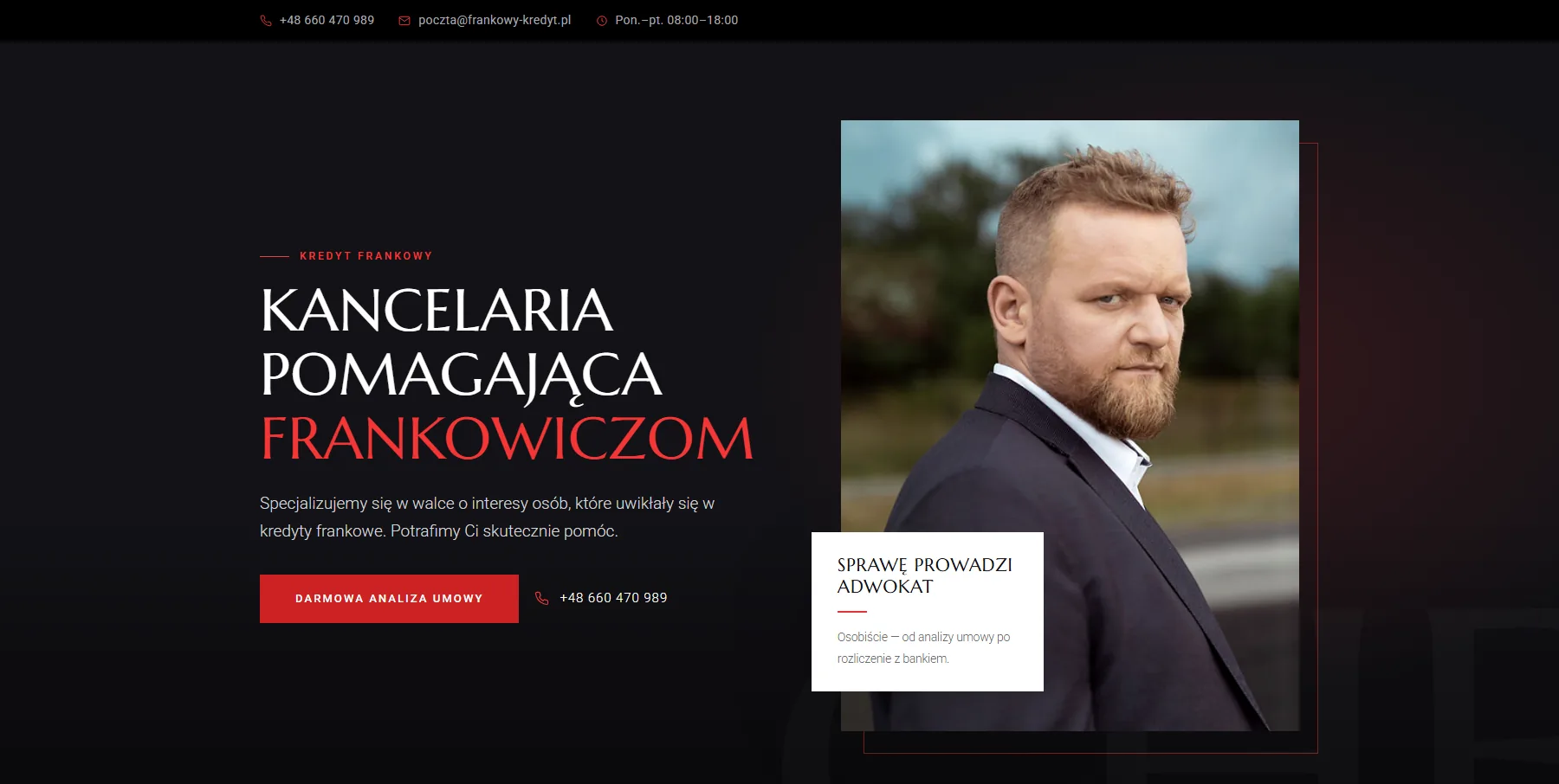 Strona kancelarii frankowej adw. Dawida Karolczyka – pierwszy ekran z przyciskiem darmowej analizy umowy, widok desktop