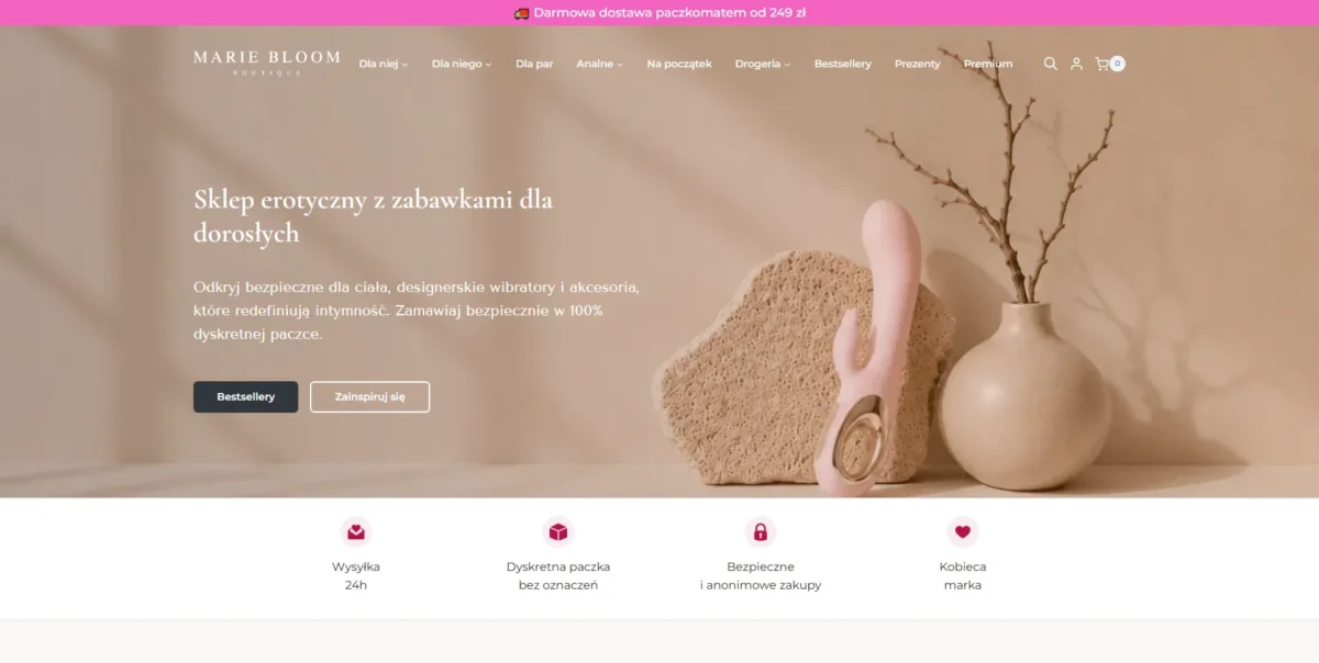 Sklep internetowy dla dorosłych MarieBloom – strona główna w stonowanej, kobiecej oprawie marki