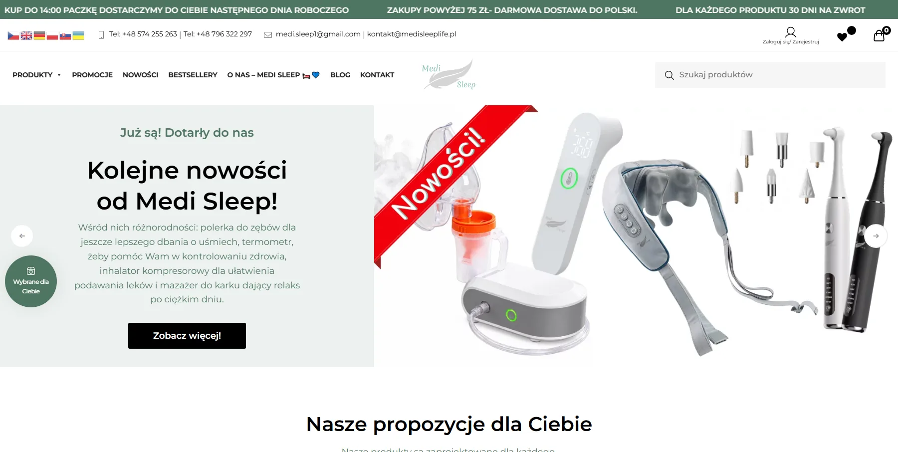 Sklep z poduszkami ortopedycznymi Medisleeplife na WooCommerce – strona główna z megamenu, widok desktop