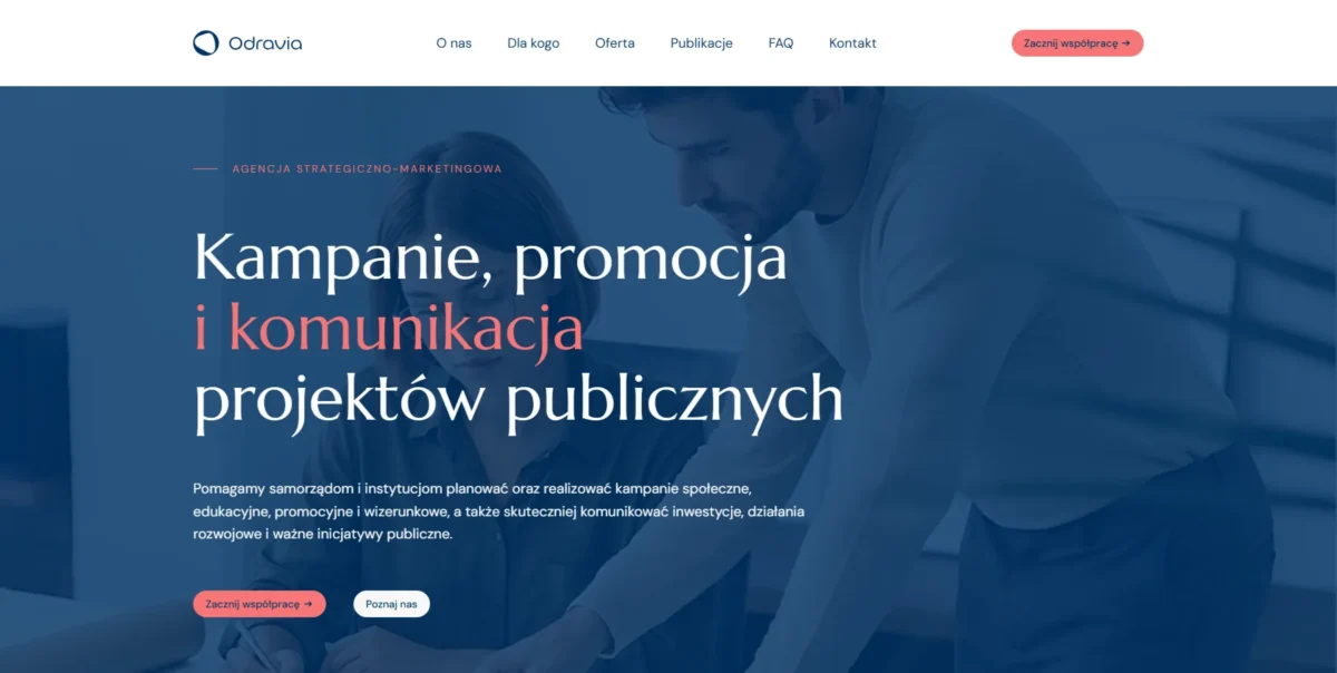 Strona agencji marketingowej Odravia – strona główna z ofertą kampanii i komunikacji dla samorządów