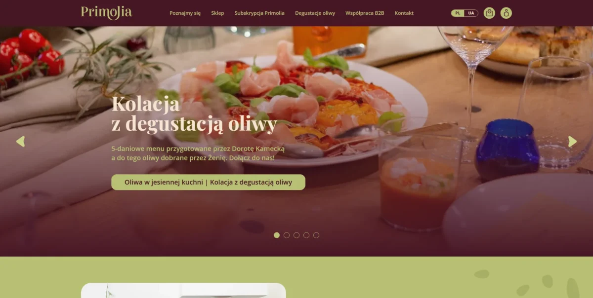 Sklep internetowy z oliwą Primolia – strona główna z kolacją degustacyjną, promocjami i subskrypcją oliwy