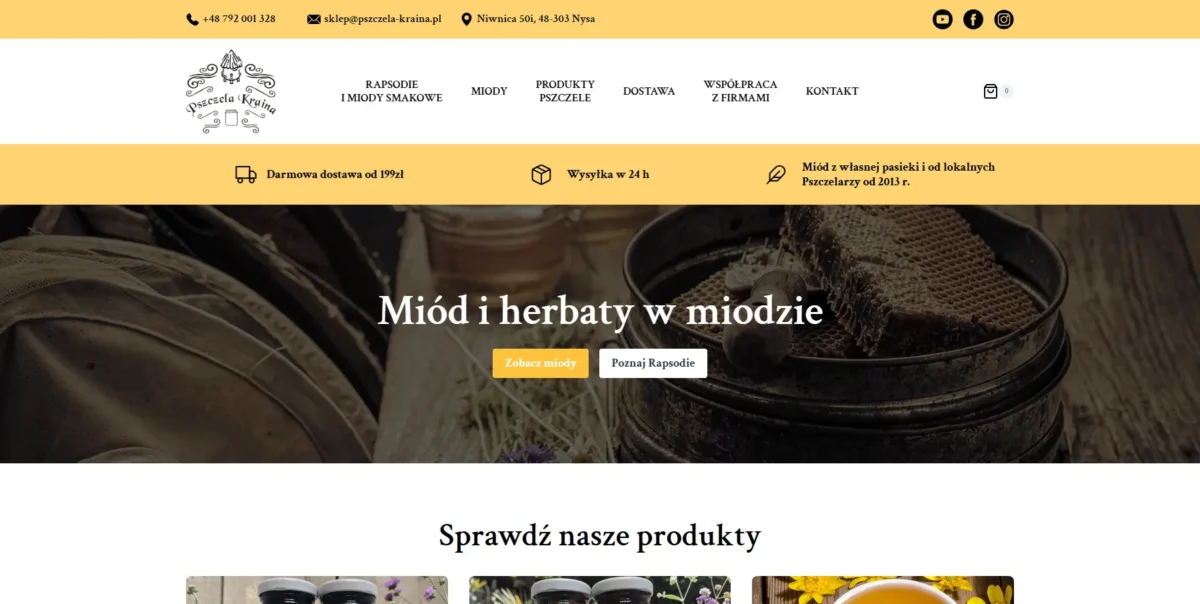 Sklep internetowy z miodem Pszczela Kraina – strona główna z działami miodów, rapsodii i produktów pszczelich